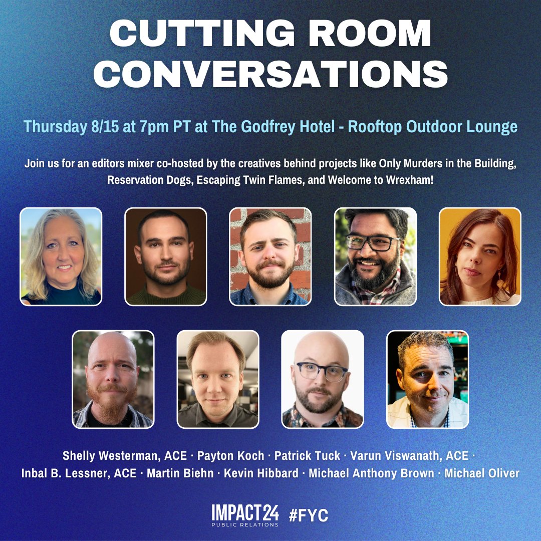 Impact24 PR (@impact24pr) on Twitter photo Join us for our editors mixer on 8/15! Meet editors Shelly Westerman, ACE, Payton Koch, Patrick Tuck, Varun Viswanath, ACE, <a href="/inbal_lessner/">Inbal B. Lessner, ACE (she/her)</a>, ACE, Martin Biehn, Kevin Hibbard, Michael Anthony Brown, Michael Oliver, and other industry professionals!
Tickets: bit.ly/3SInbQI Join us for our editors mixer on 8/15! Meet editors Shelly Westerman, ACE, Payton Koch, Patrick Tuck, Varun Viswanath, ACE, <a href="/inbal_lessner/">Inbal B. Lessner, ACE (she/her)</a>, ACE, Martin Biehn, Kevin Hibbard, Michael Anthony Brown, Michael Oliver, and other industry professionals!
Tickets: bit.ly/3SInbQI