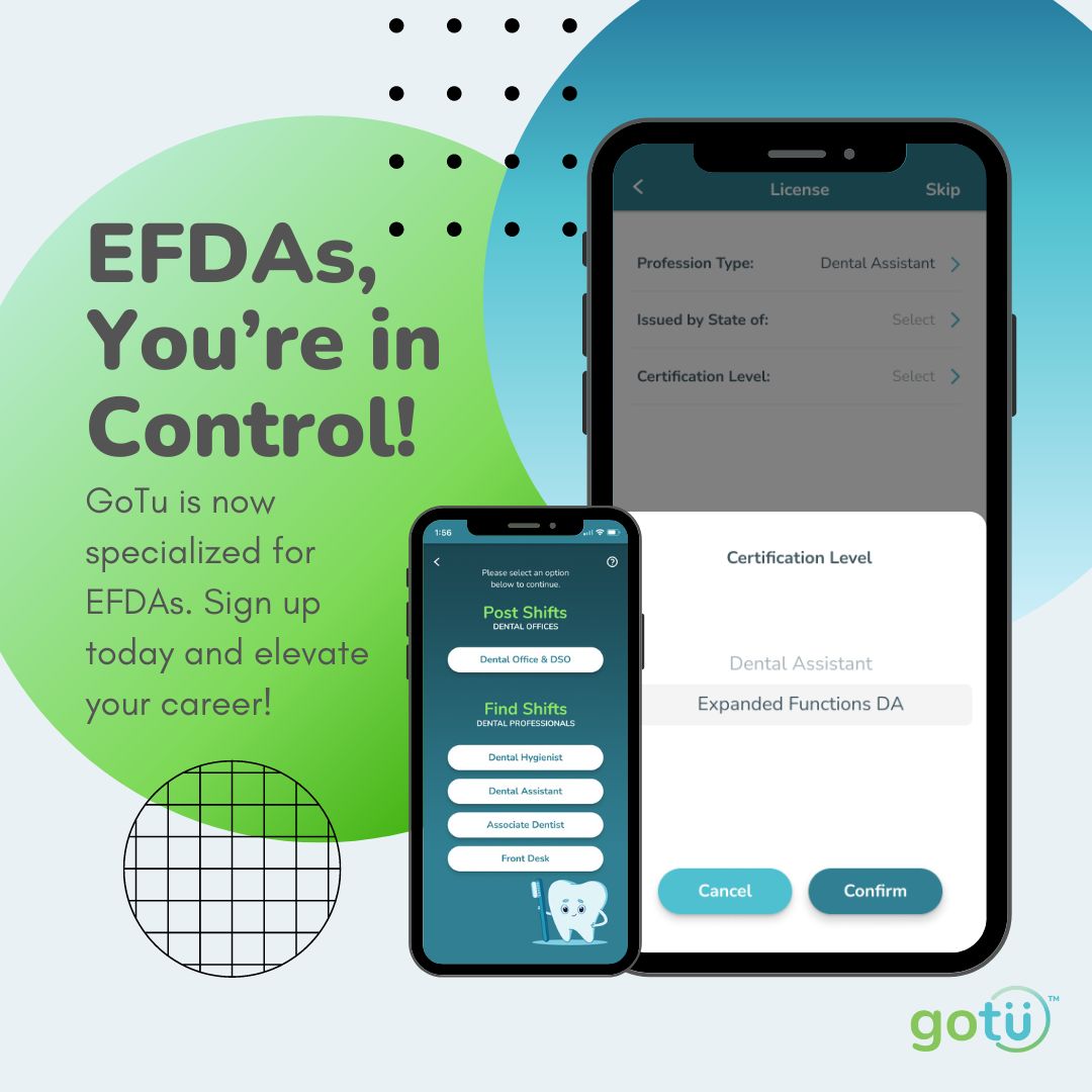 joingotu's tweet image. EFDAs, take charge! GoTu is now tailored to your expertise. Sign up and elevate your career with flexible shifts that work for you. 
📲  joingotu.com

#EFDA #DentalProfessionals #GoTuWork #GoTuCrew