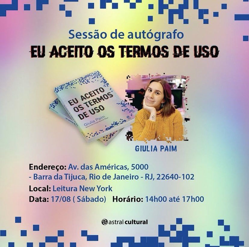giuliappaim's tweet photo. RIO!! Temos um encontro marcado no próximo Sábado, dia 17/08, na livraria Leitura do shopping New York pro lançamento de Eu Aceito os Termos de Uso! 

Bora? 🥰🤍

@AstralCultural https://t.co/p5oBXiQ3iz