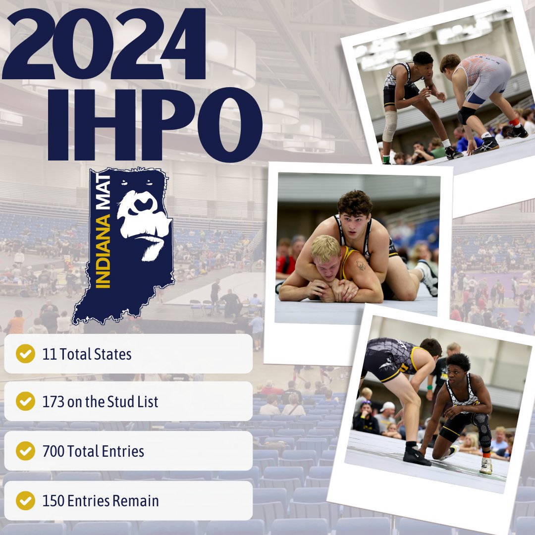 IndianaMat's tweet photo. If you are waiting until the last minute to register, the time is now. We are down to 150 spots left for #IHPO24!
We have 173 on the #StudList filled with wrestlers from 10 states.
https://t.co/sVXykhibP6 https://t.co/9OJKEAxePN