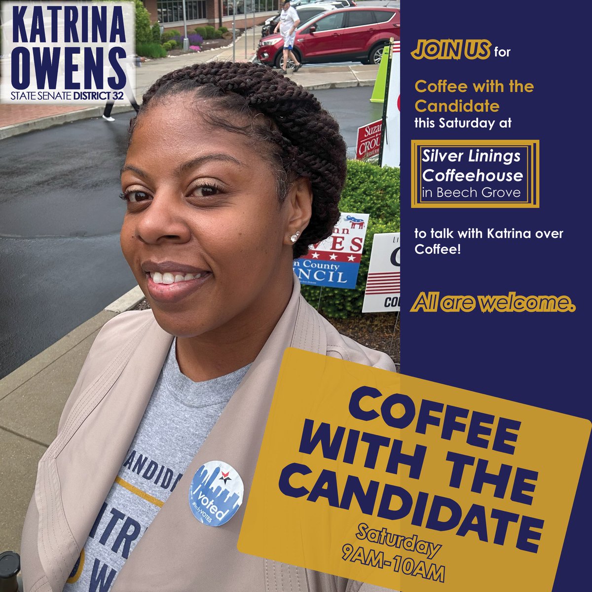 Come meet with Katrina over great coffee ☕️! #owens4IN #INSenate2024 #District32