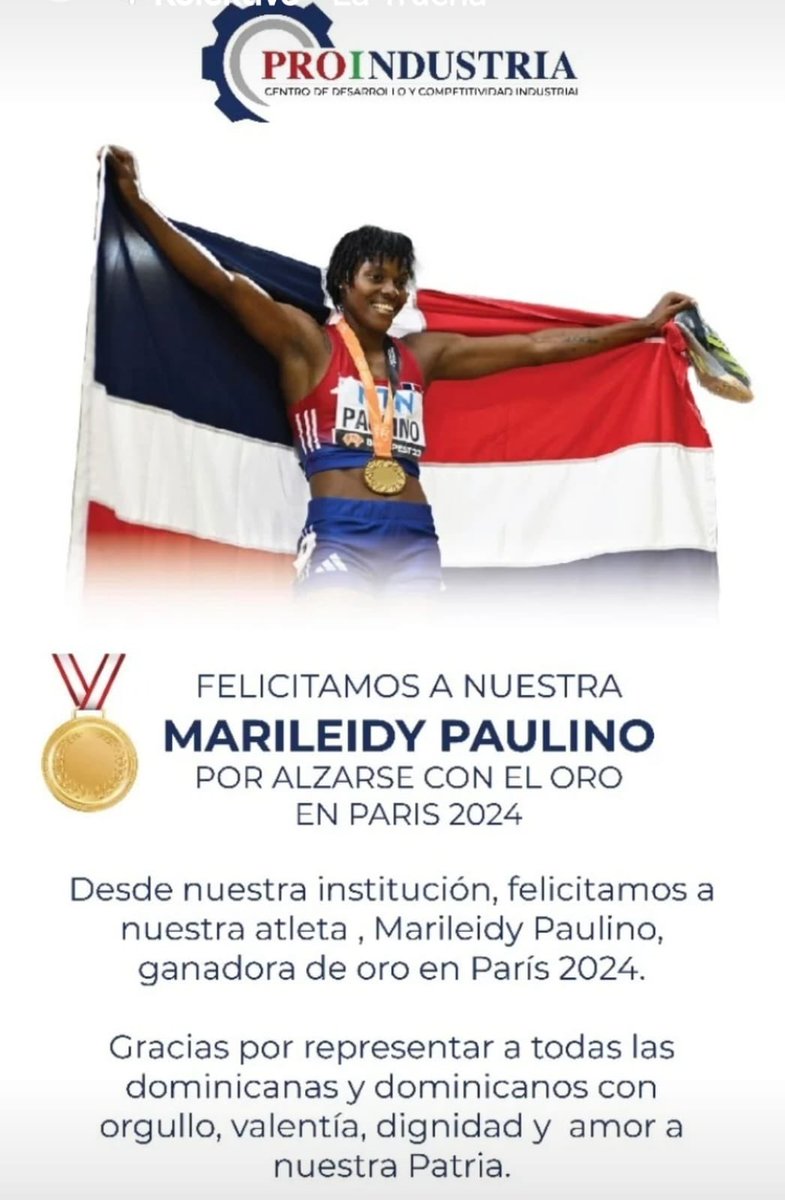 Papitocruzrd's tweet photo. ¡🇩🇴Orgullo de todos los dominicanos y dominicanas🇩🇴! La nuestra, Marileidy Paulino una vez más nos hace sentir orgullosos de nuestra patria. 🥇 https://t.co/3YGwg8hJ89