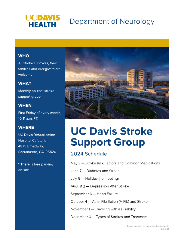 UCDavisStroke's tweet photo. As part of our stroke program, we offer monthly support groups for all stroke survivors, their families, and their caregivers. The next session will be on Sept. 6.

📅 First Friday of every month, 10-11 a.m. PT
📍 UC Davis Rehabilitation Hospital Cafeteria https://t.co/5oS6tA1lV6