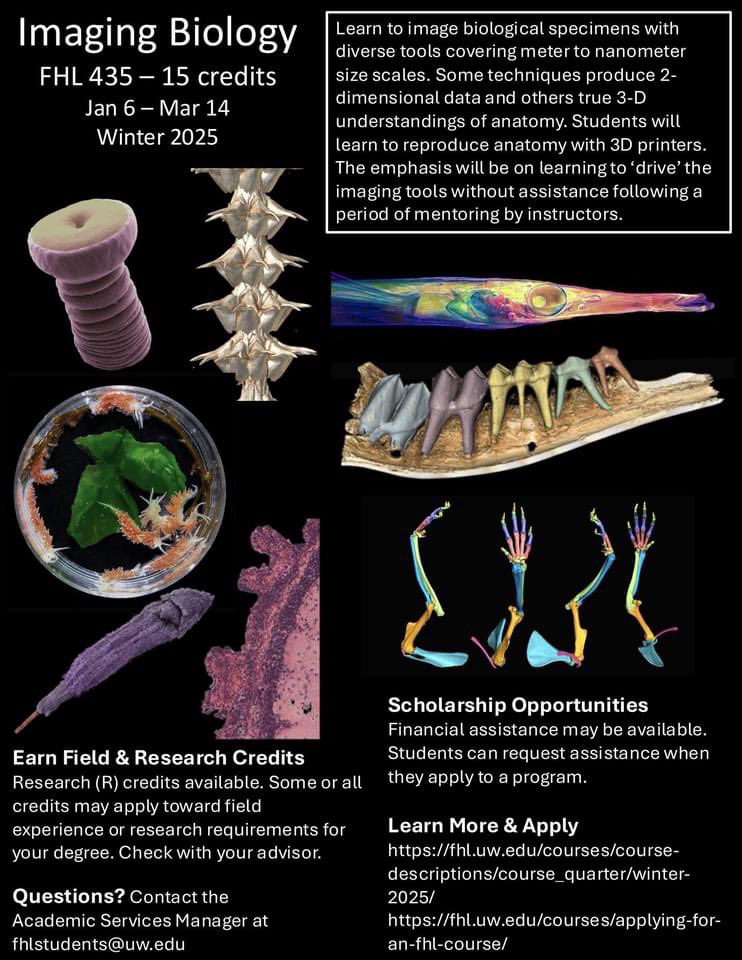 Dr. Karly E. Cohen (@karly_cohen) on Twitter photo <a href="/Fishguy_FHL/">Adam P. Summers</a> and I are running a bioimaging course at Friday Harbor Labs this winter! Focusing on CT, SEM, histology, photography, and more. The course is 10 weeks, 15 credits, and scholarships are available. Priority applications are due in October.
fhl.uw.edu/courses/applyi… <a href="/Fishguy_FHL/">Adam P. Summers</a> and I are running a bioimaging course at Friday Harbor Labs this winter! Focusing on CT, SEM, histology, photography, and more. The course is 10 weeks, 15 credits, and scholarships are available. Priority applications are due in October.
fhl.uw.edu/courses/applyi…