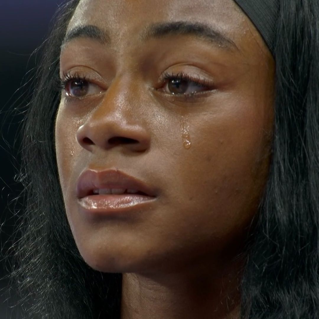 travismillerx13's tweet photo. The emotions for Sha'Carri Richardson after winning her first Olympic gold medal 🥹❤️ #ParisOlympics https://t.co/UMxWSSW5vd