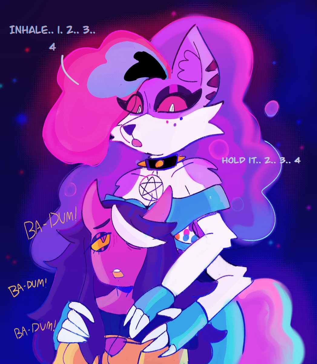 BubbliiToons's tweet image. “Hey hey, I gotcha.. just breathe…  breathe.. its gonna  be okay”.  🩵🐺👿

A little token of my gratitude for @Hexxa_Howl, didnt have to go this hard but I did.

#artistsontwitter #HelluvaBoss #HelluvaBossOCs #Procreate #Hellaverse  #イラスト #イラスト好きな人とつながりたい