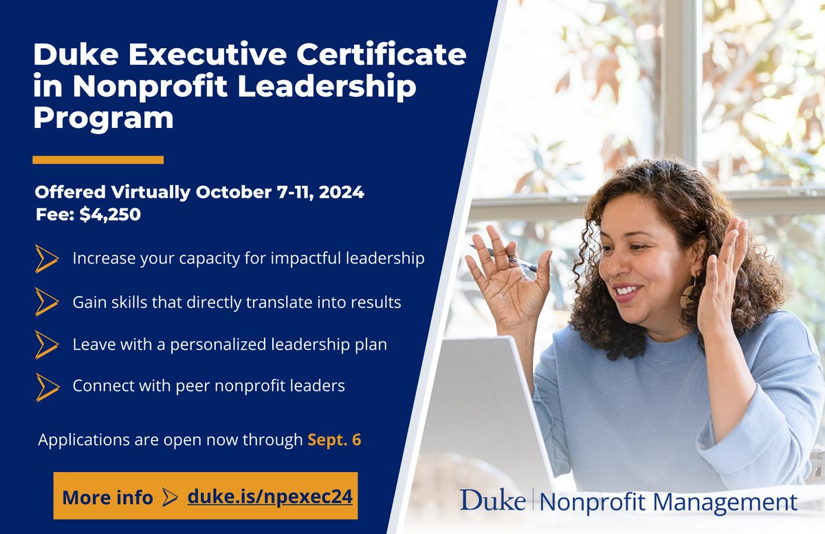 I am excited to be back teaching Entrepreneurial Culture for the <a href="/DukeU/">Duke University</a> Executive Certificate in Nonprofit Leadership – this online program is perfect for #nonprofit #leaders wishing to take their orgs to the next level. Apps due 9/6! More at loom.ly/YtPmijQ