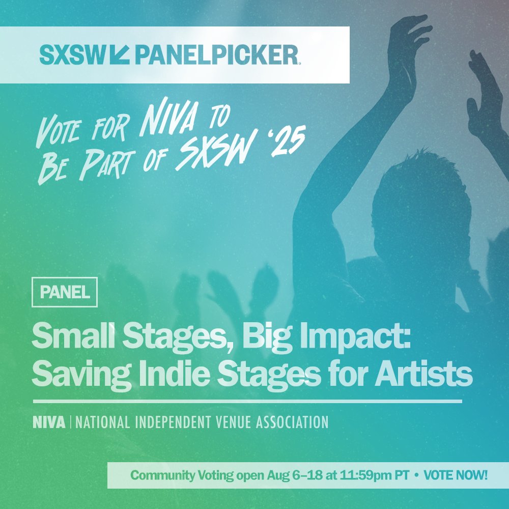nivassoc's tweet photo. 🎉 NIVA's PanelPicker submission for #SXSW 2025, "Small Stages, Big Impact: Saving Indie Stages for Artists," was accepted!

🗳️ Community Voting is open until Aug 18 at 11:59PM PT

🔗 Cast your vote and help us bring this important conversation to @SXSW: https://t.co/LIMmpeEhBo https://t.co/osGAWGW2EF