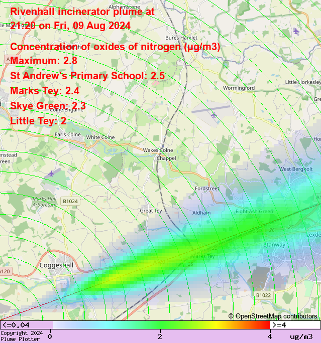 plumeplotter's tweet image. Latest Rivenhall incinerator plume plot, 21:20 09/08/24 #MarksTey #SkyeGreen #LittleTey plumeplotter.com/rivenhall/
