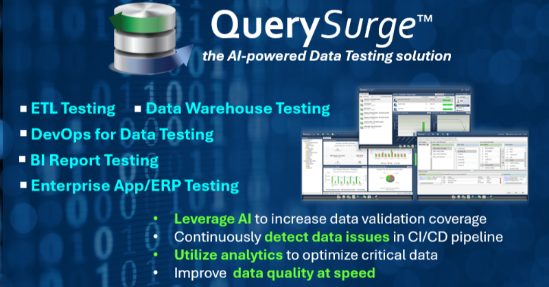 QuerySurge's tweet photo. QuerySurge is the smart data testing solution that leverages Gen AI to automate the ETL testing of data warehouses, big data lakes, BI reports and enterprise apps with full DevOps functionality for continuous testing. #ETLtesting #DevOps #DataOps #TestAutomation #AI