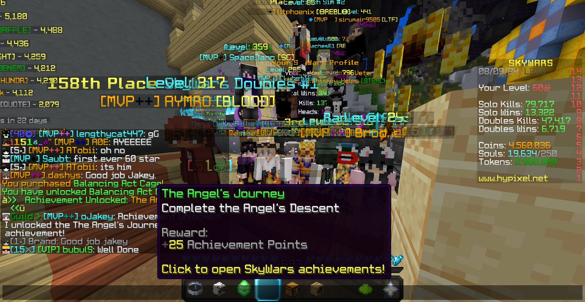 oJakeyyy's tweet image. After so many hours FINALLY 60 star in skywars and the descent ap completed (not even max skywars 😭) thank you for everyone who played teams/sat in calls with me losing my mind 😎