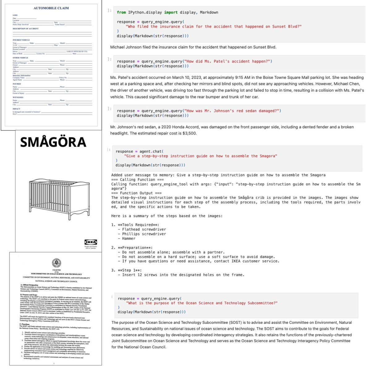 llama_index's tweet image. Multimodal RAG over Complex Legal ⚖️, Insurance 🪪, and Product Documents 🎁

We’re excited to present a great series of notebooks showing you how to build practical, real-world pipelines over real-world documents with complex layouts, charts, images:

1. Parse insurance claims…