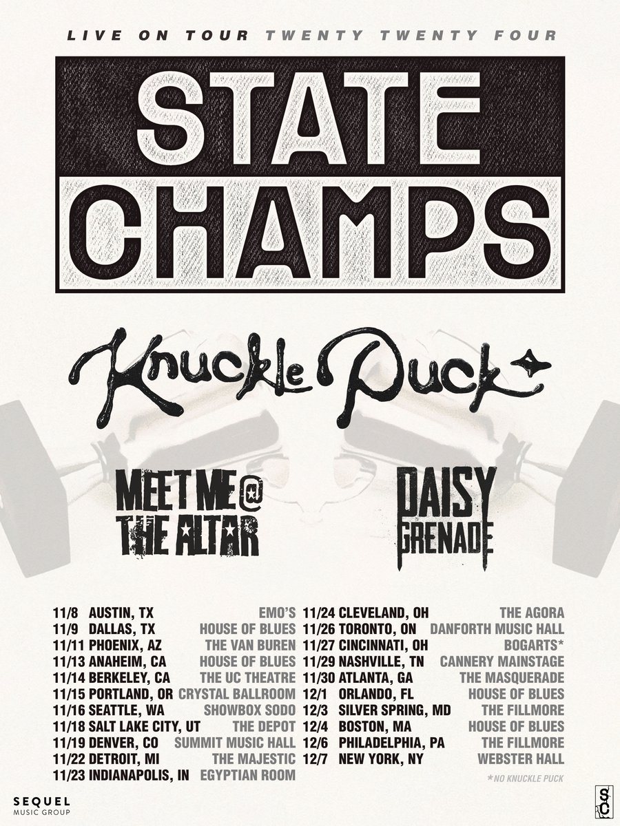 State_Champs's tweet photo. WE ARE SO BACK 🏆 We’re stoked to
be hitting the road this fall with @KnucklePuckIL 
@MMATAband @daisygrenade Get ready because
tickets go on sale Friday at 12pm local time. We’re so
excited to see you all again. Let’s go!!! https://t.co/mRGgT6QjZw