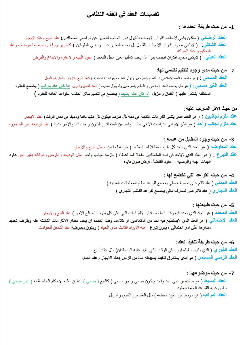 تقسيمات العقد في القانون