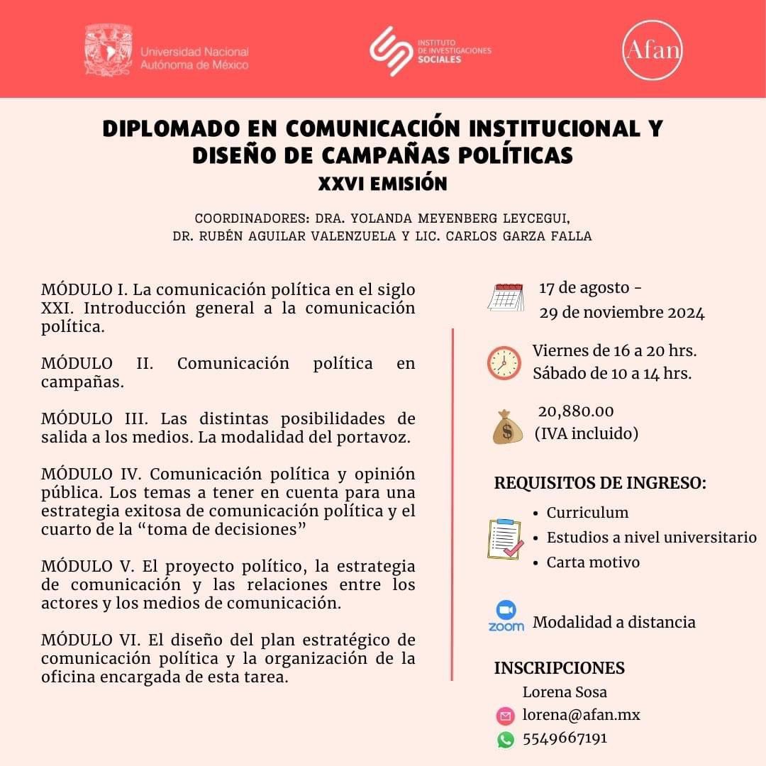 DiplomadoComIIS's tweet image. En este diplomado obtendrás las herramientas para diseñar efectivas estrategias de comunicación política de la mano de los expertos. No te quedes fuera. Inscríbete y se parte de la emisión XXVI.
@IISUNAM @RubenAguilar @cgf59 @LuisHuRRa @JoseIbinarriaga @hllerena @Giorgioromero