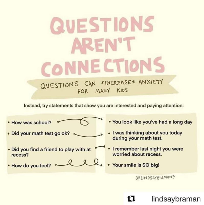 A helpful reminder that connecting instead of 'asking' can lead to an increased sense of attunement, understanding and feeling seen. (Which feels good 😊)

#educators #educhat #education #edutalk #edchat #teacherlife #anxiety #kids #classrooms #schoolleaders #connecting