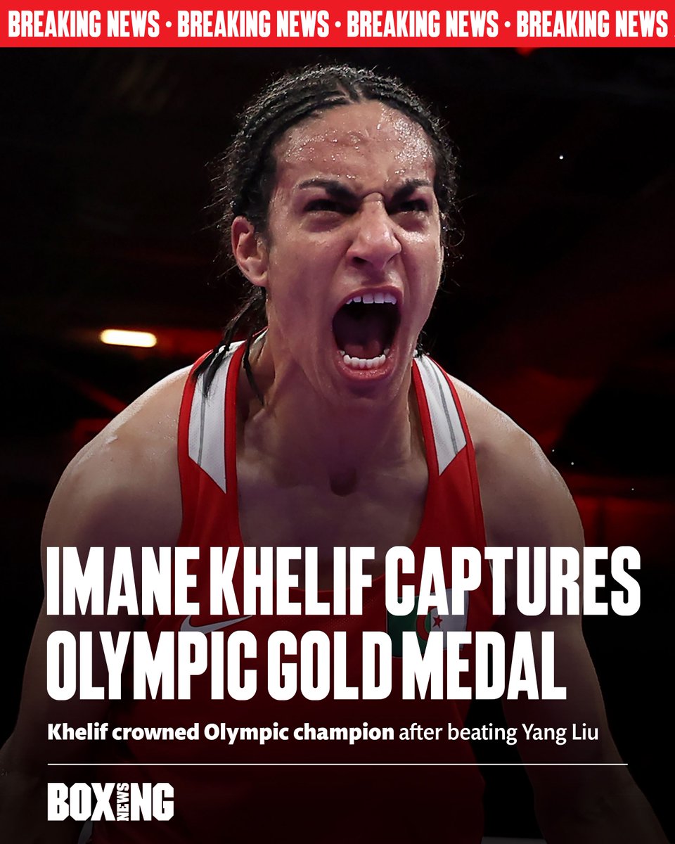 BoxingNewsED's tweet photo. 𝗞𝗵𝗲𝗹𝗶𝗳 𝘀𝗲𝗰𝘂𝗿𝗲𝘀 𝗴𝗼𝗹𝗱 𝗶𝗻 𝗣𝗮𝗿𝗶𝘀 🥇

Imane Khelif is crowned Olympic champion after outpointing Yang Liu in the #Paris2024 welterweight final.

More here: https://t.co/msZjZYcs68 https://t.co/PW0OWA8Jqk