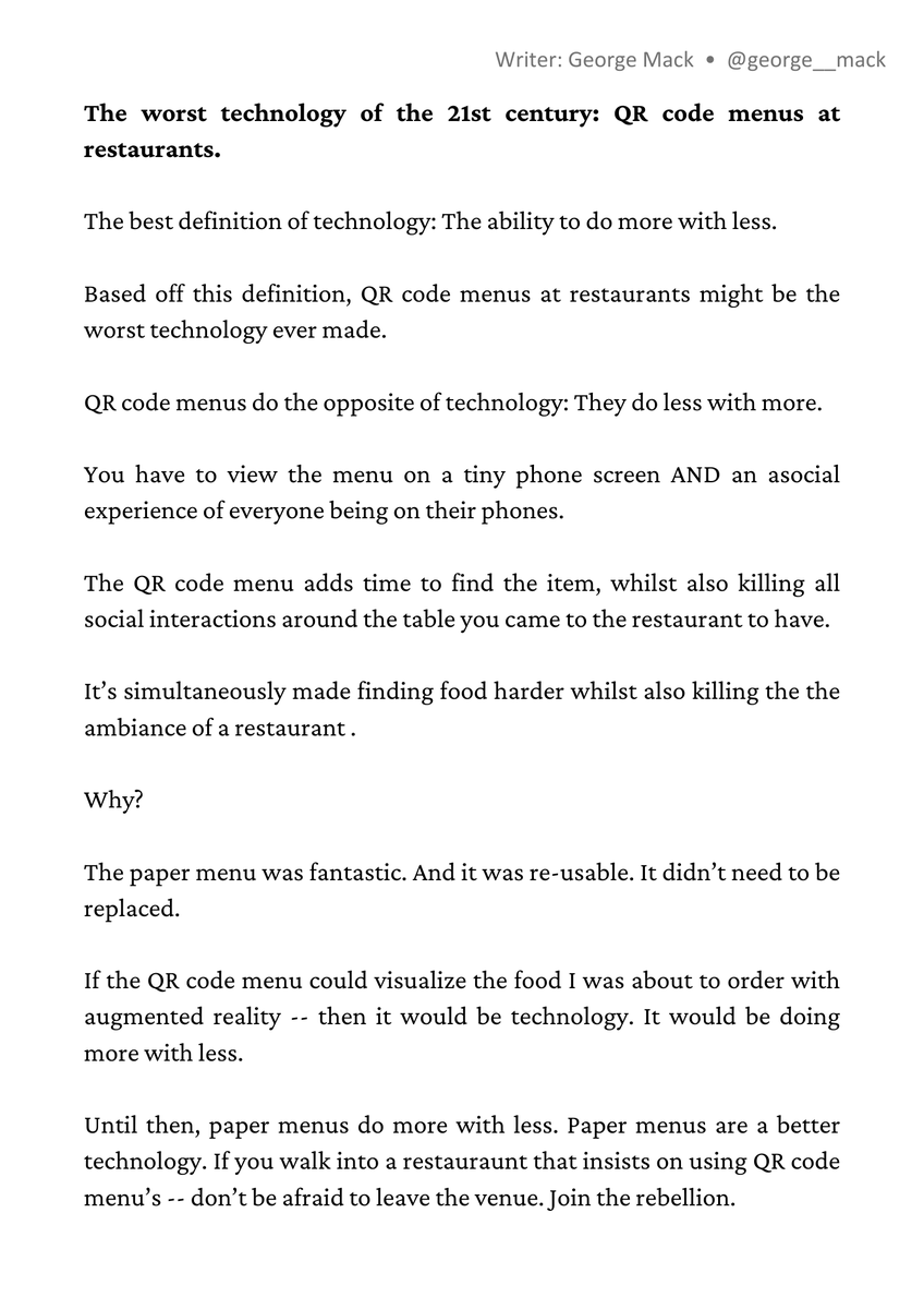 wballaa's tweet photo. تعريف بليغ من .@george__mack اتفق معه.
في القطاع الخدمي, إن لم تكن تجربة العميل فوق كل اعتبار فإن الرقمنة تضر أكثر مما تنفع.
#UX #CX #HCI #QR #DigitialTransformation #FoodTech #Trends https://t.co/4rkQ3JMZ9C