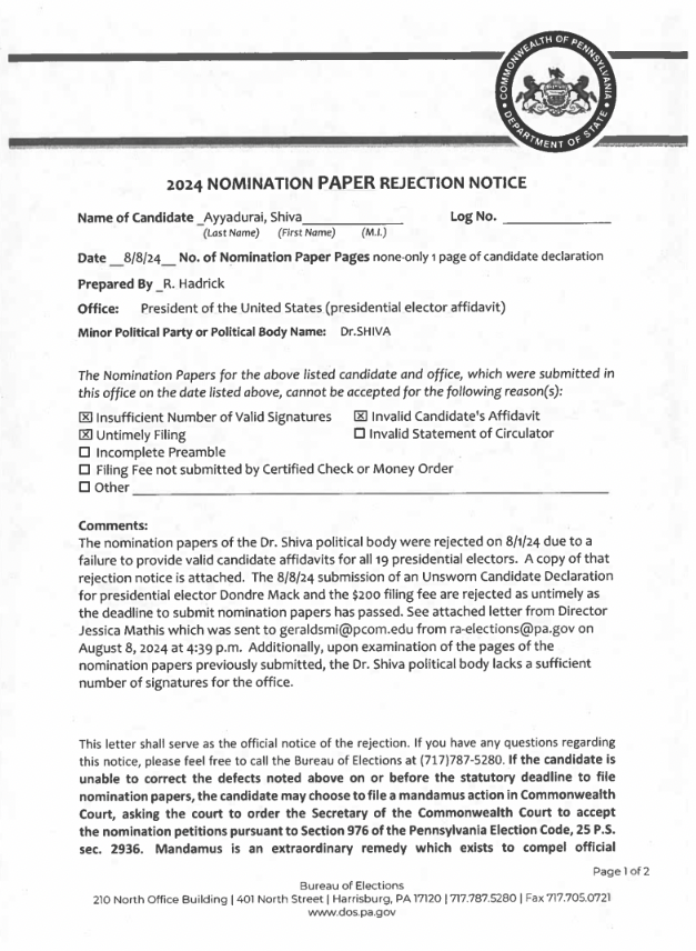 va_shiva's tweet image. #ElectionFraud in Pennsylvania against Dr.SHIVA 4 President.  The SWARM fears the WILL of the PEOPLE of PA, who want Shiva4President.com on the BALLOT!

On AUG 1, 2024, the  State Leader for PA submitted Nomination Petition signatures to the PA Sec. of…