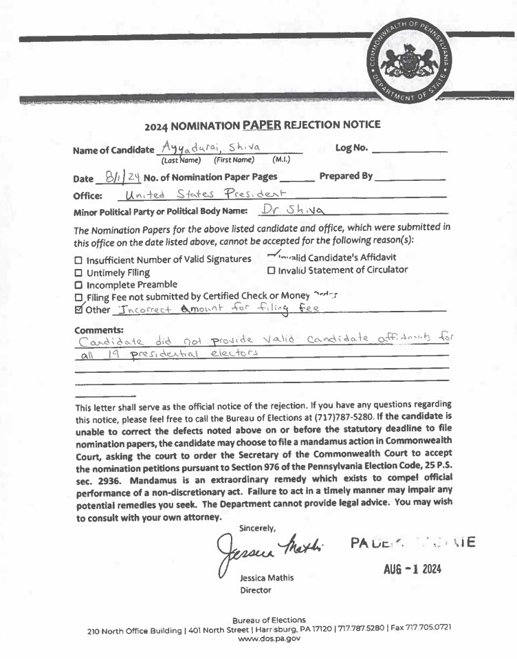 va_shiva's tweet image. #ElectionFraud in Pennsylvania against Dr.SHIVA 4 President.  The SWARM fears the WILL of the PEOPLE of PA, who want Shiva4President.com on the BALLOT!

On AUG 1, 2024, the  State Leader for PA submitted Nomination Petition signatures to the PA Sec. of…