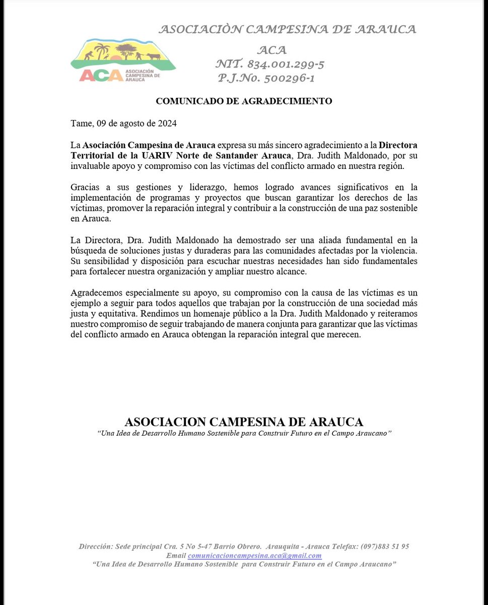 aca_comite's tweet photo. La Asociación Campesina de Arauca expresa su más sincero agradecimiento a la Directora Territorial de la UARIV Norte de Santander Arauca, Dra. Judith Maldonado @Judith_Maldo, por su invaluable apoyo y compromiso con las víctimas del conflicto armado en nuestra región. https://t.co/pCKHPS6K4t