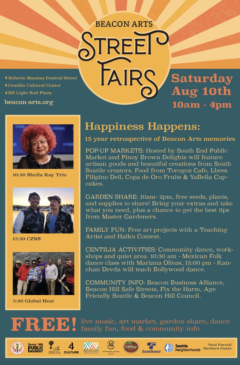 BeaconArtsSEA's tweet photo. Come join the fun Saturday AUG 10th to the Beacon Arts Street Fair! From 10am to 4pm next to the BH Light Rail Station. MUSIC, DANCE, GARDEN SHARE, MARKET, FAMILY ACTIVITIES! https://t.co/qeLu9qqSaJ https://t.co/SASX2Ocfwh