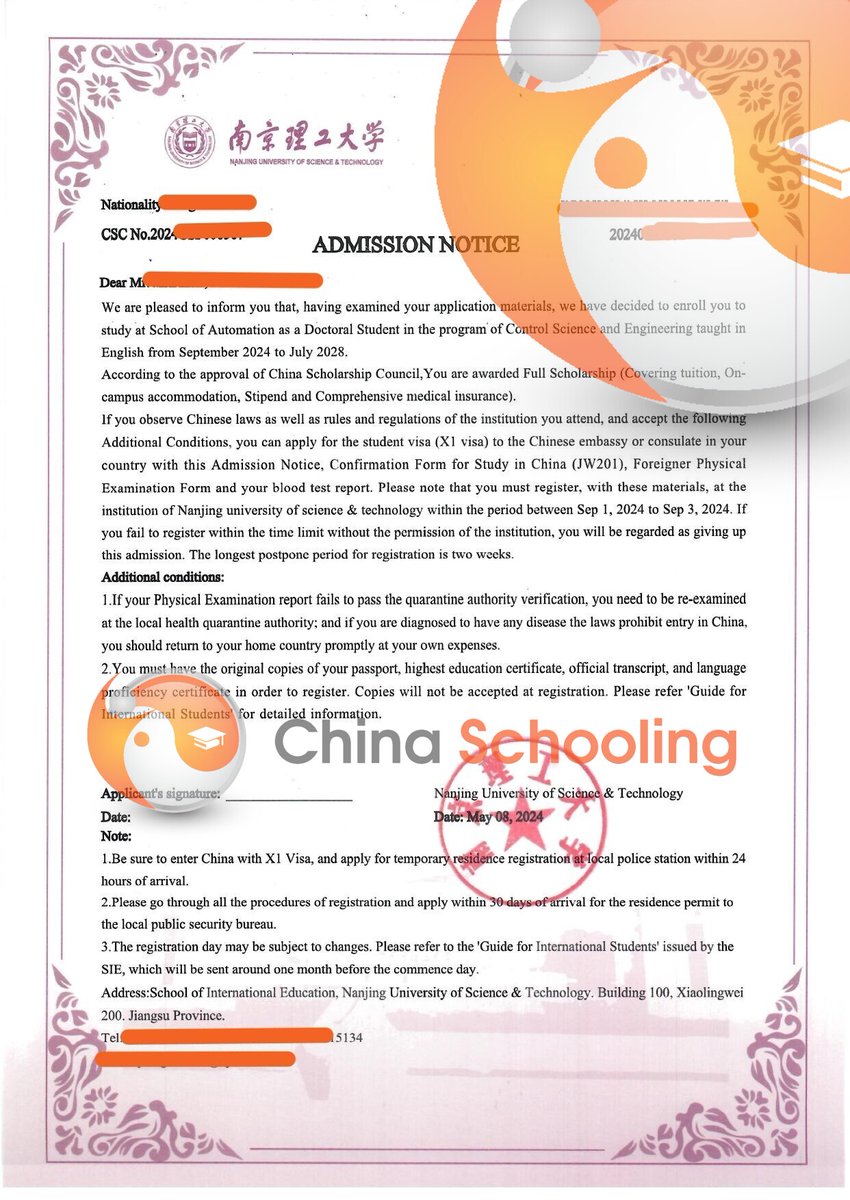 chinaschooling's tweet image. We are pleased to announce another successful admission to Nanjing University of Science and Technology, one of China&apos;s top institutions. 

Connect with Us :
WeChat: ChinaSchooling
WhatsApp: +8617768108805 | +8613160095025
Website: chinaschooling.com
#StudyInChina #NJUST