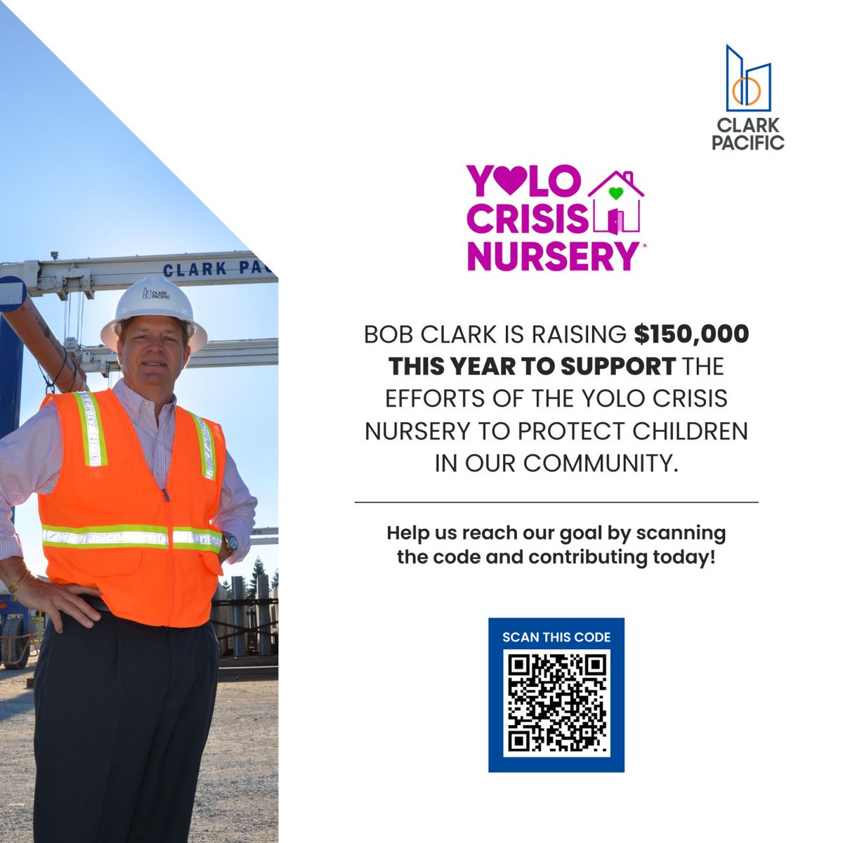 Join Bob Clark and the rest of the Clark Pacific team to raise funds for Yolo Crisis Nursery. Our goal this year is $150,000. 🤲🎁