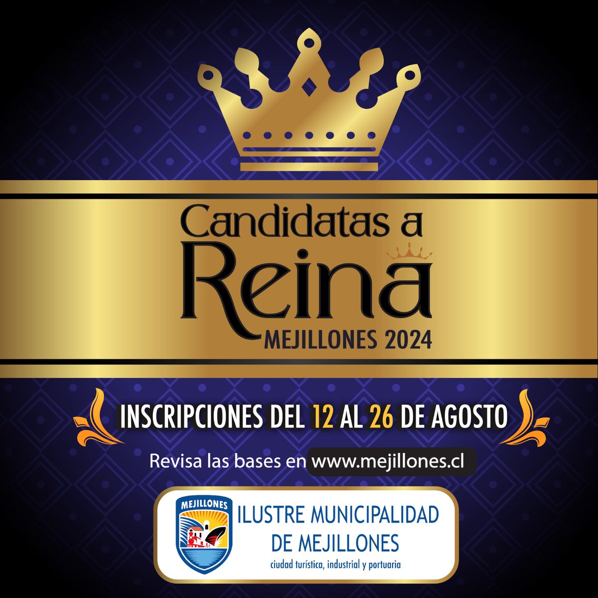 Ya están disponibles las bases para el certamen Reina de Mejillones 2024

¿Estás lista para ser la próxima reina? Visita mejillones.cl y conoce todos los detalles para inscribirte y participar. No te lo pierdas...

#ReinaDeMejillones2024 #AniversarioMejillones