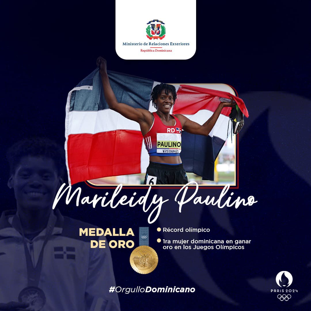 RDenHaiti's tweet photo. ¡Marileidy, todos los dominicanos corrimos contigo! ❤️🇩🇴✨

Nuestra campeona, Marileidy Paulino, hizo historia al ganar oro en #París2024, rompiendo un récord olímpico con 48.17 segundos; además se convirtió en la primera mujer dominicana en ganar Medalla de Oro.🥇 https://t.co/OsofL4kDoz