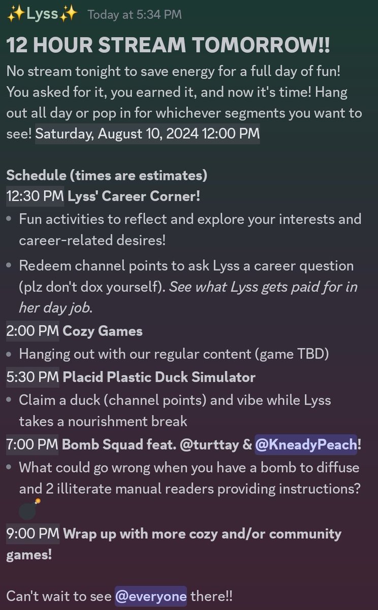 12 HOUR STREAM INCOMING!! Spend your weekend in the Lyss Lounge starting around 12 PM EDT on Saturday, August 10!
Did you know I'm a career coach? Stop by to see me in my element &amp; ask your questions! Followed by a mix of cozy, chaos, &amp;  all-around community fun!