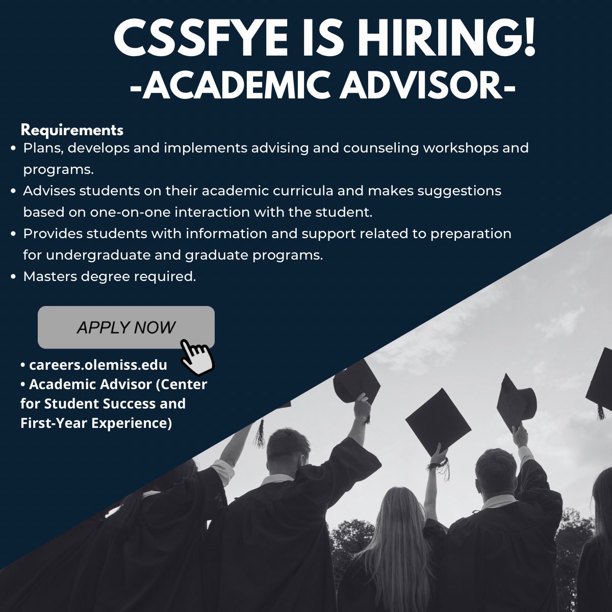JRoberts_OMReb's tweet image. We are hiring! Our Academic Advising Unit is looking to hire an Academic Advisor. If you are interested, please check it out at careers.olemiss.edu specifically for the Center for Student Success and First-Year Experience. #Advising #StudentSuccess #CSSFYE