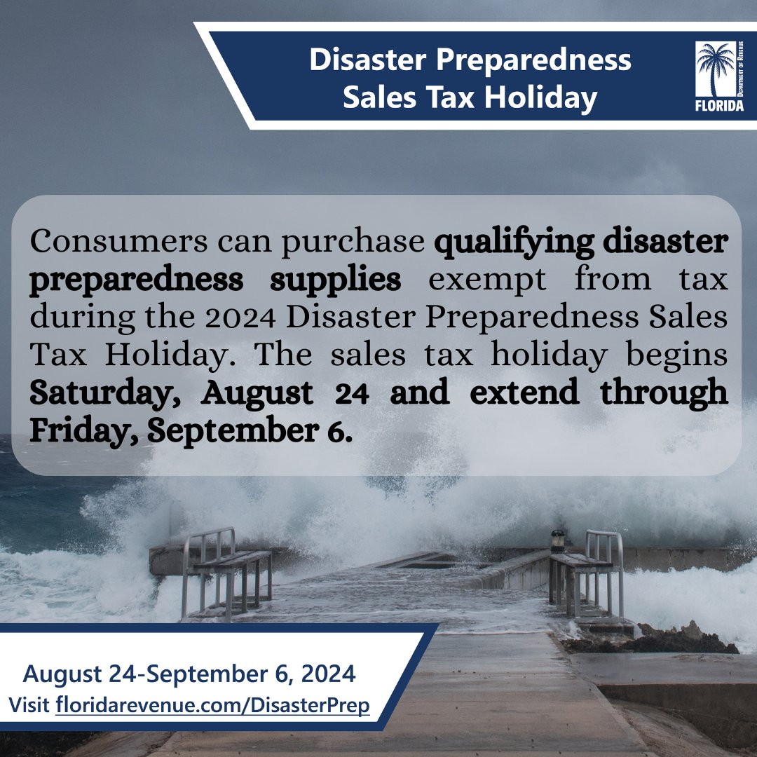 PBCOEM's tweet photo. Starting August 24th, Florida residents can purchase qualifying disaster preparedness supplies exempt from tax thanks to the 2024 Disaster Preparedness Sales Tax Holiday. For a list of qualifying items, visit https://t.co/dkYhKTZRNG
#TEAMPBC #PBCDEM #SalesTaxHoliday2024 https://t.co/DwL8YiwGoK