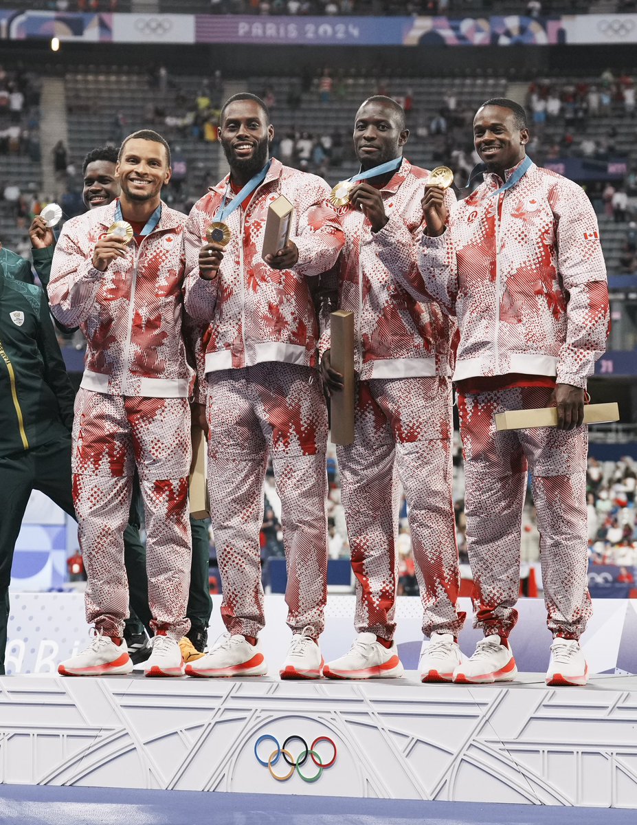AthleticsCanada's tweet photo. Trust the process…

🥉 at Rio 2016
🥈at Tokyo 2020
🥇at Paris 2024 

4x100m Men win Athletics Canada’s first Olympic medal on the track at #Paris2024 🇨🇦👏

📸: Darren Calabrese/COC https://t.co/RPpx75qqo1