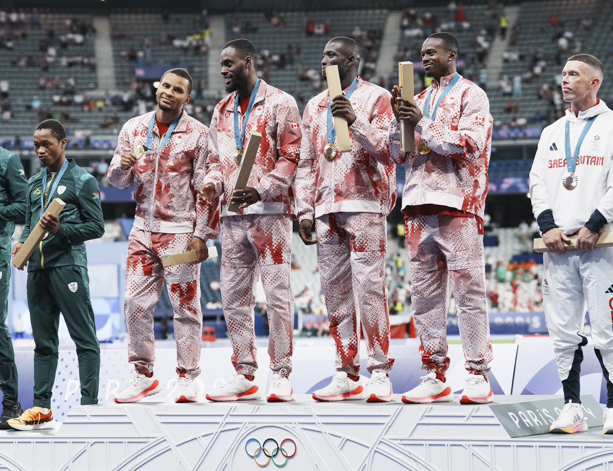 AthleticsCanada's tweet photo. Trust the process…

🥉 at Rio 2016
🥈at Tokyo 2020
🥇at Paris 2024 

4x100m Men win Athletics Canada’s first Olympic medal on the track at #Paris2024 🇨🇦👏

📸: Darren Calabrese/COC https://t.co/RPpx75qqo1