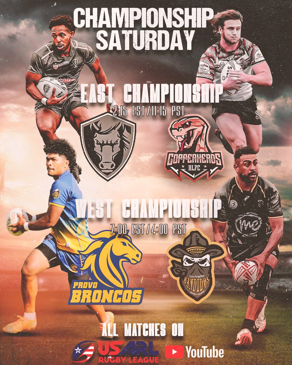 🏉 USARL Championship Saturday 🏆
East: 🐴DC Cavalry (6-1) vs.🐍SW FL Copperheads (6-1)

West: 🐎Provo Broncos (8-0) vs. 💀 LA Bandidos (5-0-1)

🔥 Winners face off for the National Championship on August 25th!
🎥 youtube.com/@usarugbyleague

#USARL #RugbyLeague #ChampionshipSaturday