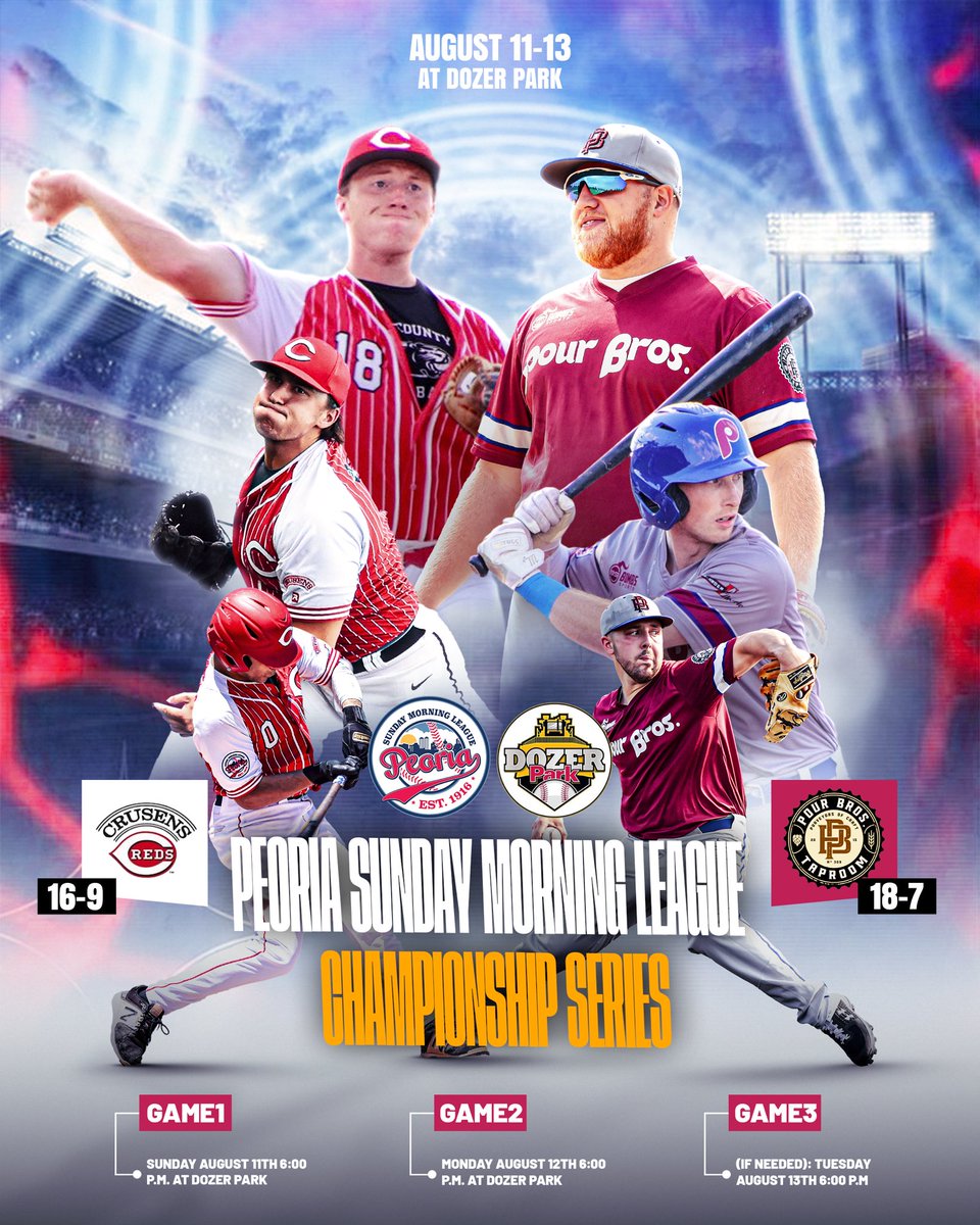 The Peoria Sunday Morning League Championship Series begins this Sunday Night, August 11th at Dozer Park -  Home of the Peoria Chiefs at 6:00 P.M. FREE ADMISSION!

A Peoria Baseball Double Header as the Pour Bros. Jacks take on the The Crusens Reds directly following the Peoria