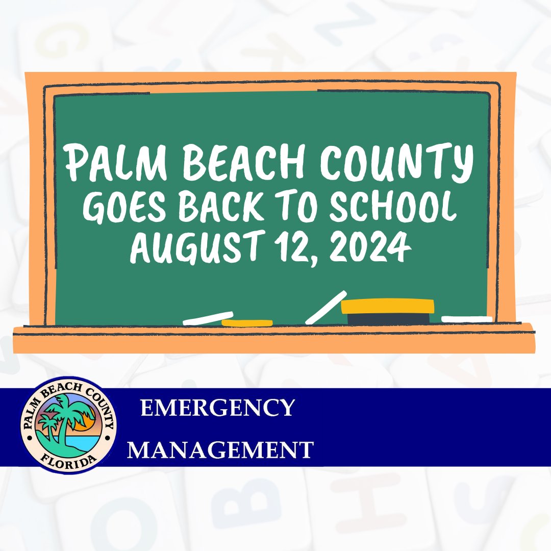 PBCOEM's tweet photo. August 12th students go back to school in Palm Beach County! Let us all start the school year off safely by paying attention to school zones on your daily commute, and always abide by stop signs on buses!
#BackToSchool#PBCDEM #TEAMPBC #EmergencyManagement https://t.co/dqZe06Igre