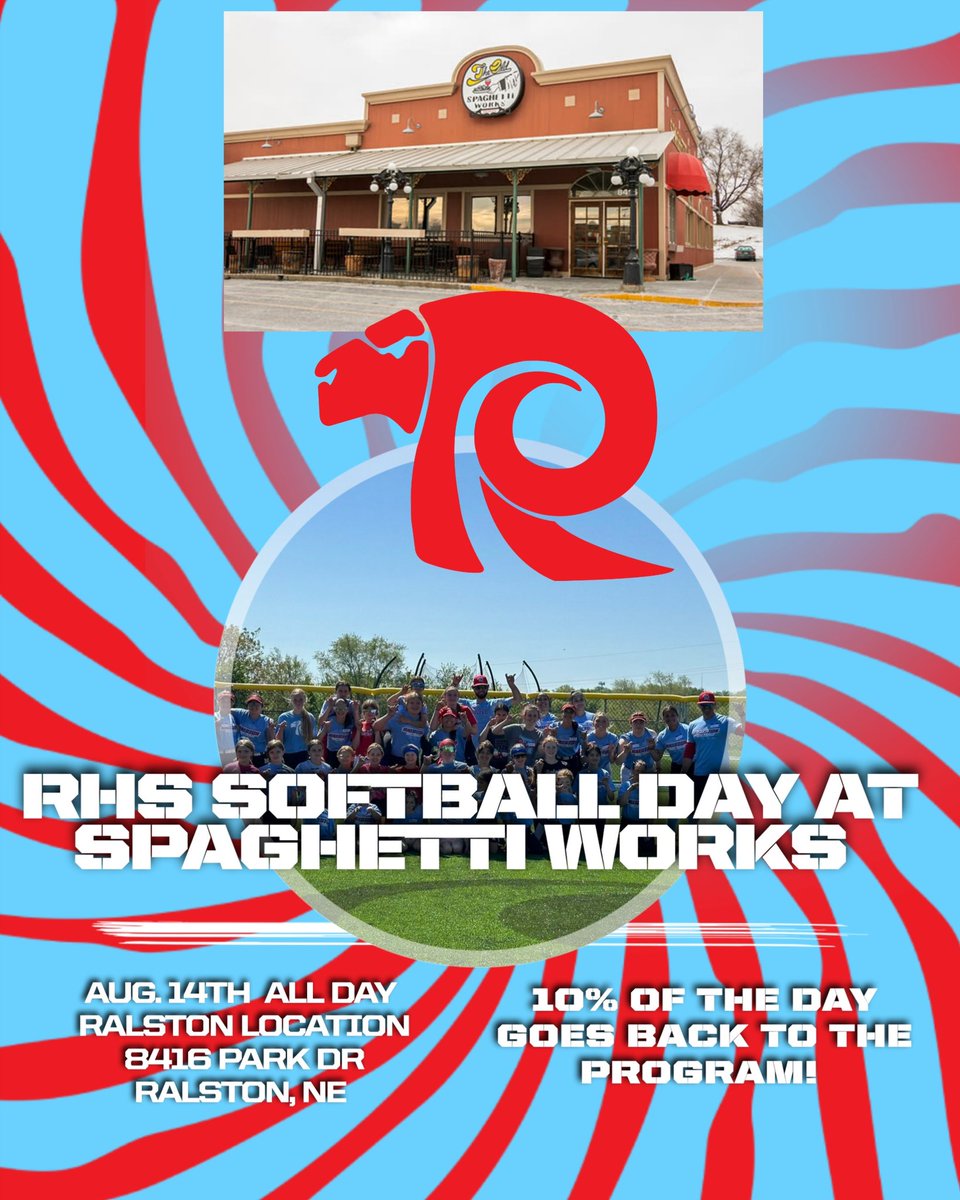 Who is ready to get their pasta and salad bar on!? 🍝 🥗 

Come support the RHS softball team on Wednesday 8/14 at the Ralston Spaghetti Works! 

The program will receive 10% of all sales of the day! 

Go Rams!
🐏 🥎🫶🏼🍽️