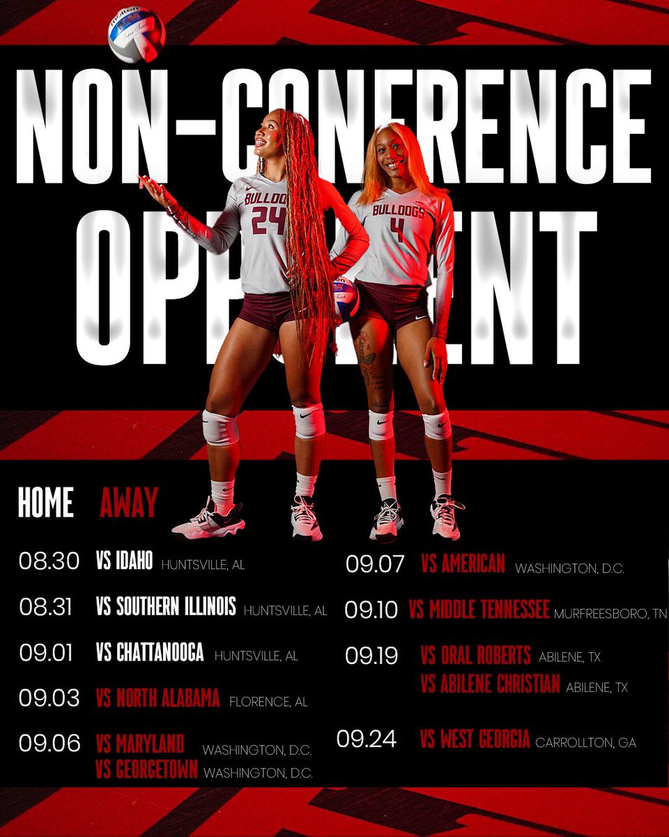 AlabamaAmvb's tweet photo. The wait is over, Bulldogs! 🐾 Get ready to cheer on our Alabama A&M Women’s Volleyball team as they hit the court! 💪✨ What game are you most excited to watch this season? Let us know in the comments! #AAMUVB #BulldogPride #GameDayExcitement https://t.co/r44eIIlb5C