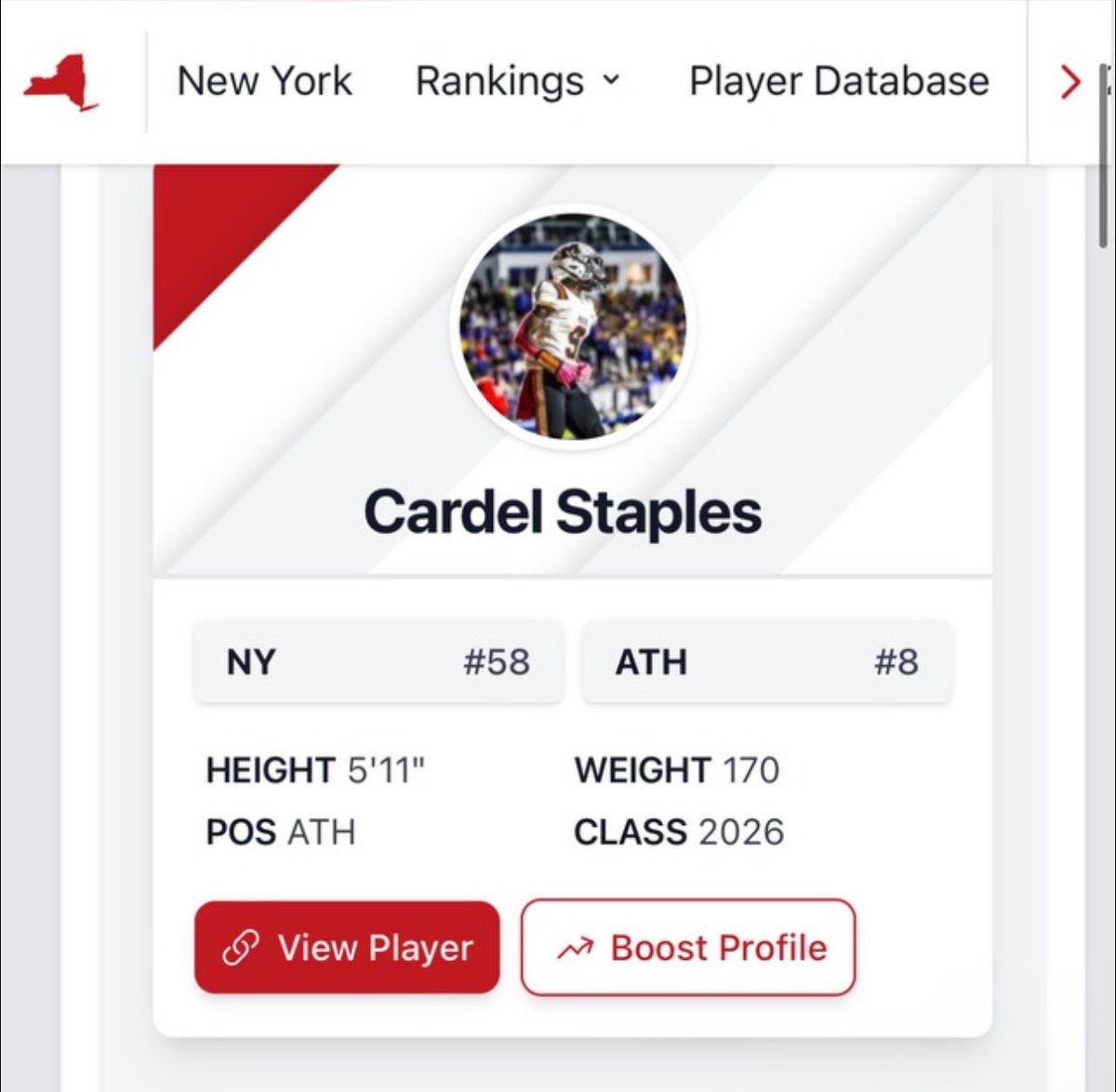 Cardel Staples (@cardelstaples) on Twitter photo Blessed to be ranked #8 ATH in NYS Cl/o 26
<a href="/Biggame_24/">Coach Caleb Haynes</a> <a href="/CoachBelfiori/">JORDAN BELFIORI</a> <a href="/KodiWhitfield/">Coach Whit</a> <a href="/CoachWaring/">Mike Waring</a> <a href="/CoachCRaymond/">Corey Raymond</a> <a href="/JasonRodriquez7/">Jason Rodriquez</a> <a href="/MasonYellicoUT/">Mason Yellico</a> <a href="/CoachLPorter/">Larry Porter</a> <a href="/CoachEMarcCuse/">Emmanuel Marc</a> <a href="/coach_stepp/">Coach Stepp</a> <a href="/marcuspatton4/">marcus patton</a> <a href="/_thehannahb/">Hannah B</a> <a href="/mahazub/">Maha Zubairi</a> <a href="/CoachArchieC/">Archie Collins</a> <a href="/CoachWaltw/">Coach walt Williams</a> <a href="/CoachD_Brim/">Derek Brim</a> <a href="/CoachReed_UA/">Kresean Reed Sr.</a> Blessed to be ranked #8 ATH in NYS Cl/o 26
<a href="/Biggame_24/">Coach Caleb Haynes</a> <a href="/CoachBelfiori/">JORDAN BELFIORI</a> <a href="/KodiWhitfield/">Coach Whit</a> <a href="/CoachWaring/">Mike Waring</a> <a href="/CoachCRaymond/">Corey Raymond</a> <a href="/JasonRodriquez7/">Jason Rodriquez</a> <a href="/MasonYellicoUT/">Mason Yellico</a> <a href="/CoachLPorter/">Larry Porter</a> <a href="/CoachEMarcCuse/">Emmanuel Marc</a> <a href="/coach_stepp/">Coach Stepp</a> <a href="/marcuspatton4/">marcus patton</a> <a href="/_thehannahb/">Hannah B</a> <a href="/mahazub/">Maha Zubairi</a> <a href="/CoachArchieC/">Archie Collins</a> <a href="/CoachWaltw/">Coach walt Williams</a> <a href="/CoachD_Brim/">Derek Brim</a> <a href="/CoachReed_UA/">Kresean Reed Sr.</a>