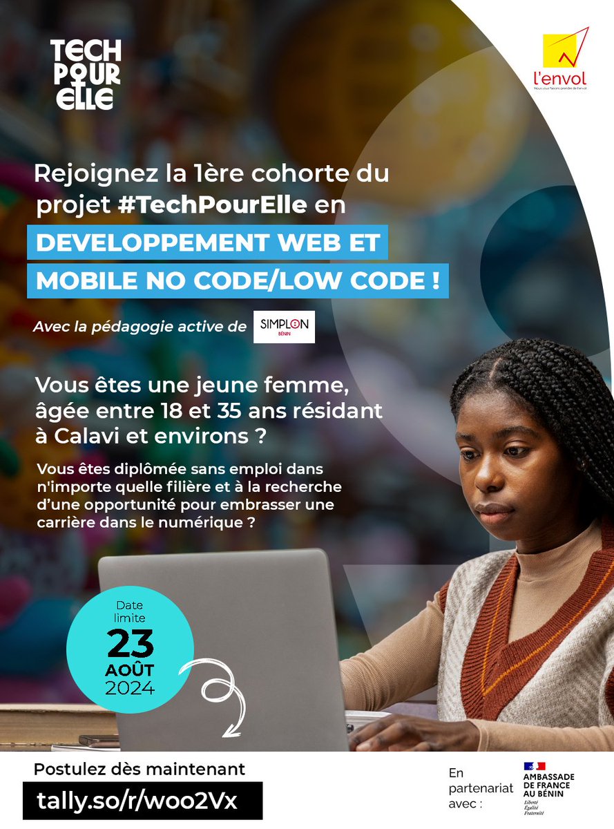 lEnvolBj's tweet image. POSTULEZ dès maintenant via : tally.so/r/woo2Vx et embrasser une carrière dans le numérique.

FORMATION – ACCOMPAGNEMENT A L’INSERTION – ACQUISITION DE SOFTS SKILLS ET DEVELOPPEMENT PERSONNEL – PARTICIPATION A DIVERS EVENEMENTS – AUTRES 

_100% GRATUIT !_