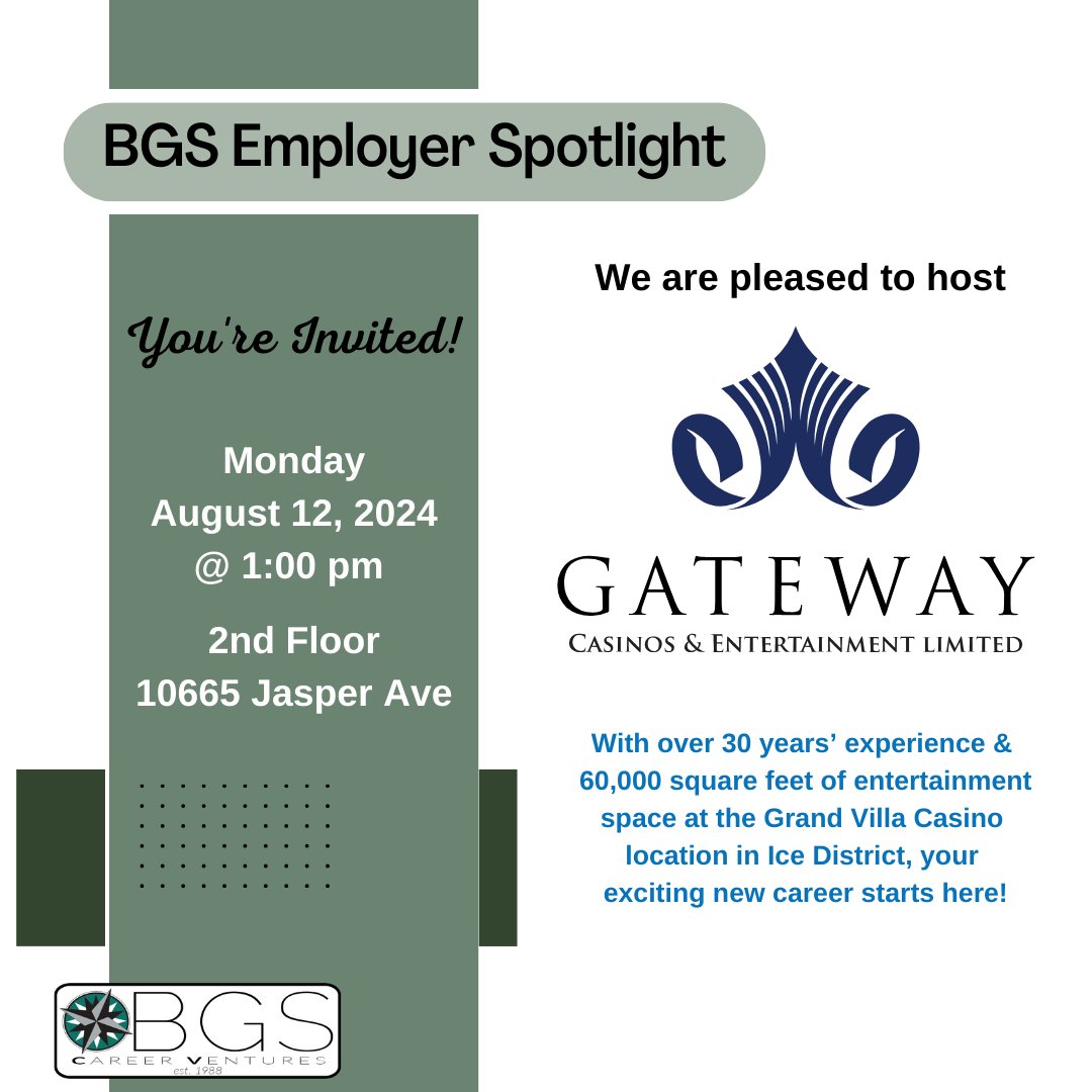 BGSConnects's tweet photo. 🎰Are you ready to dive into the thrilling world of the gaming industry? Join us at our upcoming employer event featuring Gateway Casinos! ✨Careers in Guest Services, Dealers, Cashiers, Security, Food Services, Management &amp; more!
#bgscareerventures @gatewaycasinocareers https://t.co/fR06tJCUHX