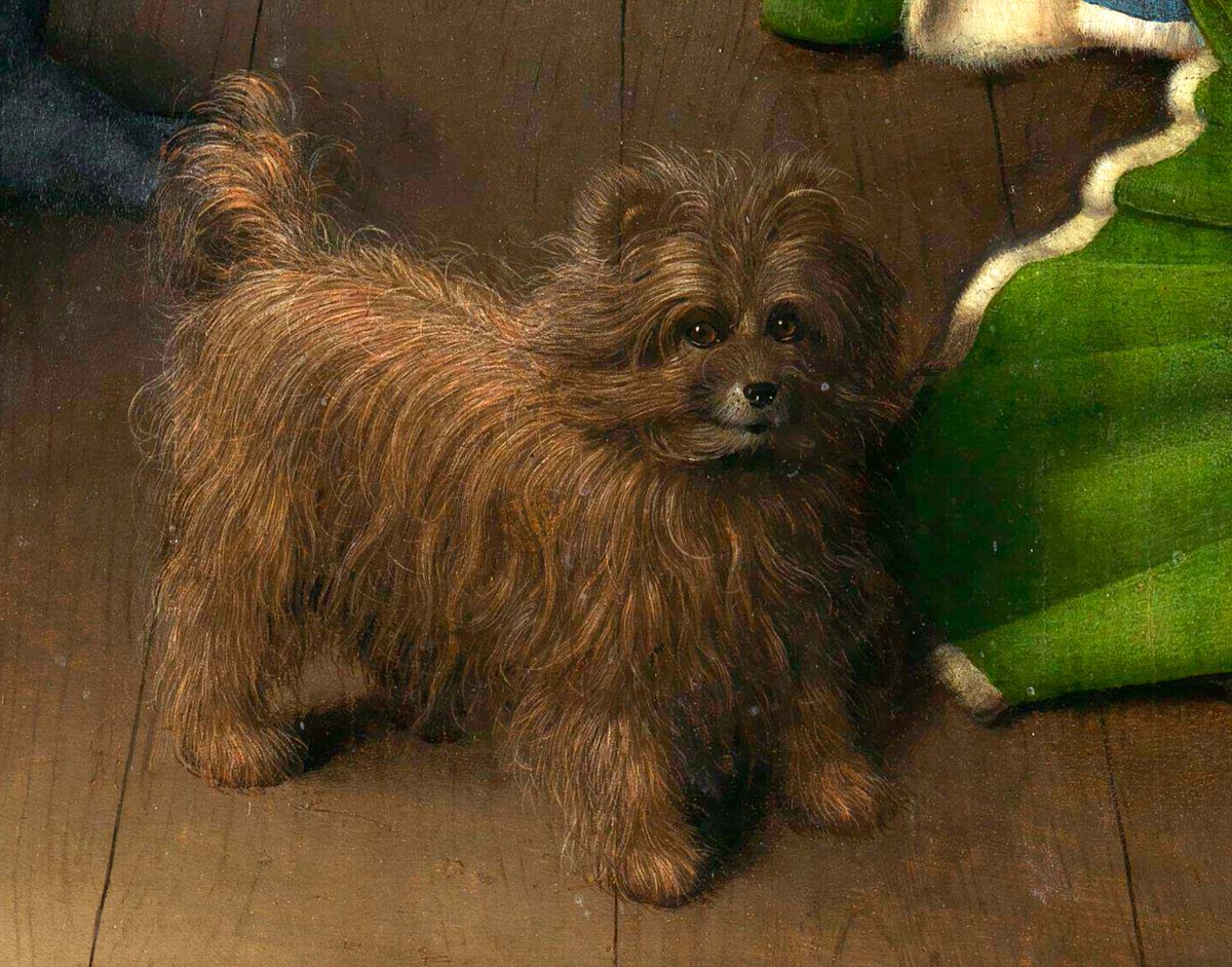 museumartium's tweet photo. 🖼️The Arnolfini Portrait (1434), by van Eyck

The dog at the couple's feet symbolizes fidelity in marriage.💍

Others suggest it represents the wife's death, echoing ancient Roman beliefs where dogs guarded and guided women to the afterlife. 🪦

Its detailed fur shows van Eyck's mastery of texture and realism.🐩