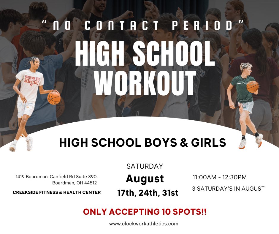 Excited to offer all High School players an opportunity to get in the gym with us during the OHSAA "No Contact Period."

Will emphasis Skill work and "sharpening" your skill set heading into your High School seasons.

Register Here:
clockworkathletics.com/store/p/no-con…