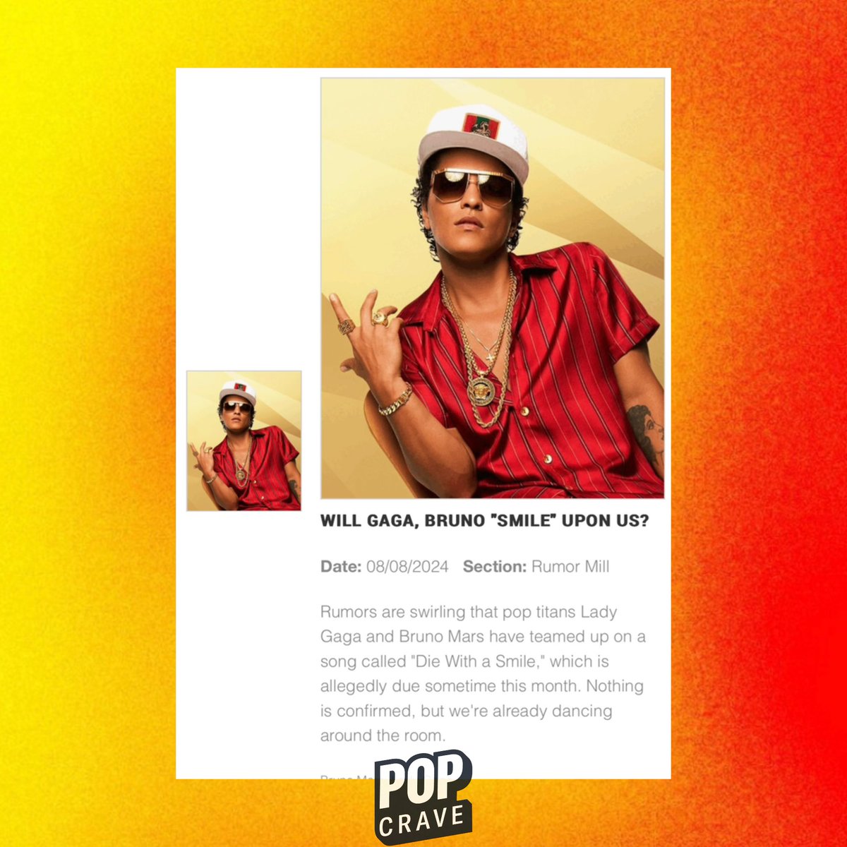 Lady Gaga &amp; Bruno Mars rumored to release new collaboration, “Die With a Smile” this month, Hits Daily Double reports.