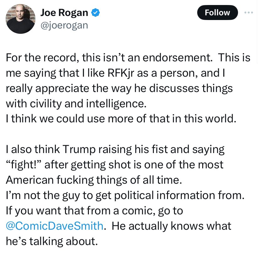 JuddLegum's tweet photo. If Joe Rogan doesn’t think Joe Rogan is a good source of political information why does Joe Rogan keep talking about politics to millions of listeners? https://t.co/2FDReoCGdg