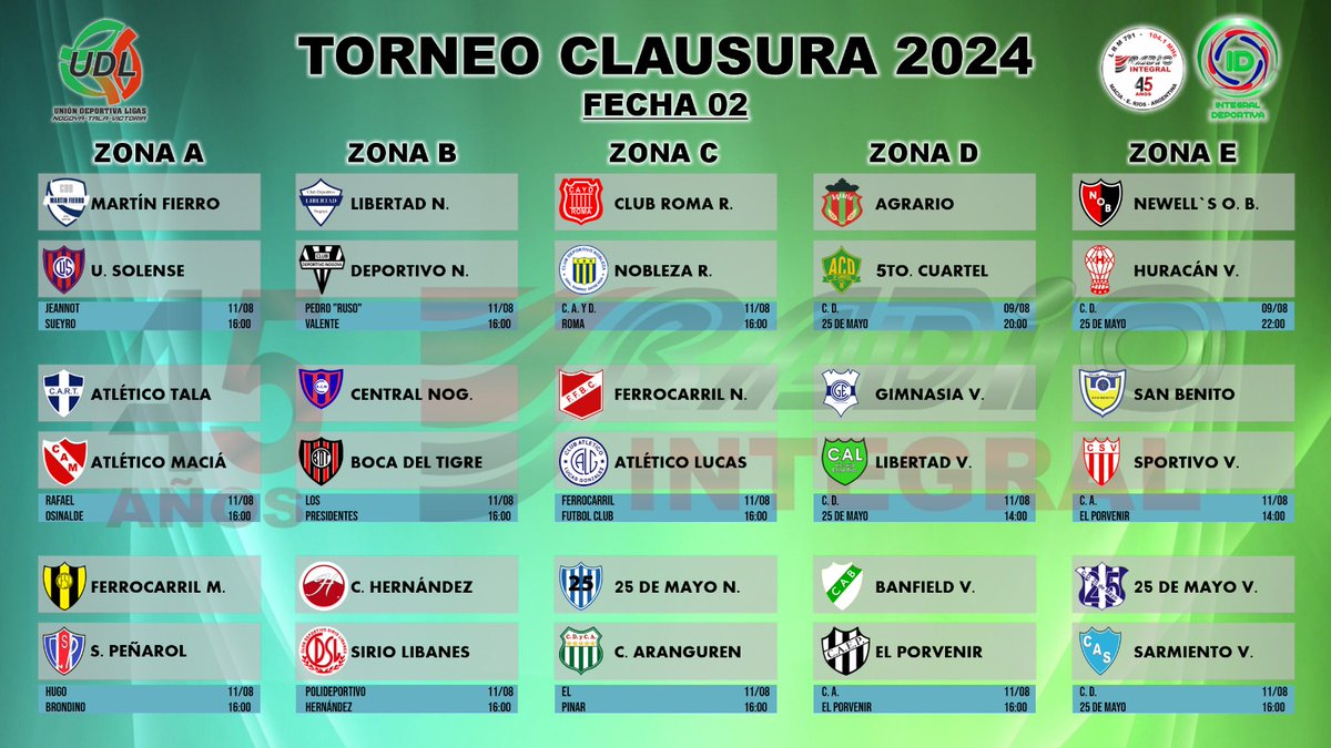 ⚽ UDL 2024: PROGRAMACIÓN DE LA FECHA 2 DEL TORNEO CLAUSURA
