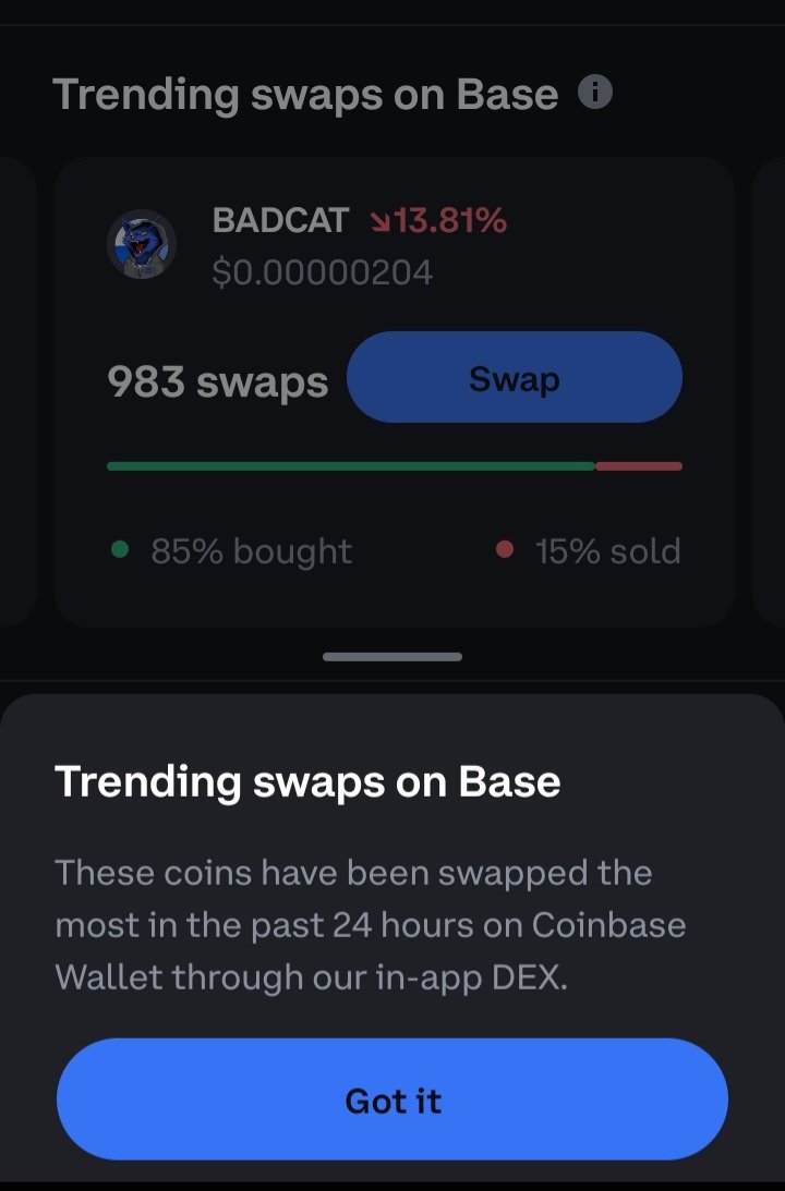 BADACT is currently trending right in CB wallet!  Kudos to our holders for using the swap in CB wallet and getting us trending next to greats like #BRETT