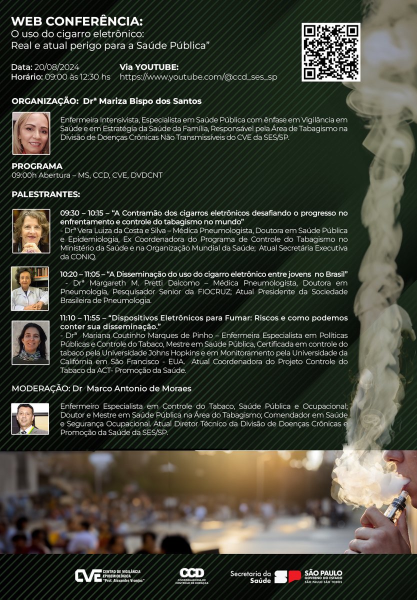 No dia 20/08, 9h, <a href="/Mariana_CMPinho/">Mariana Pinho</a> da ACT será uma das palestrantes da webconferência “O uso do cigarro eletrônico: real e atual perigo para a saúde pública” junto com <a href="/vera_dacosta/">Vera daCosta e Silva</a> e <a href="/DraDalcolmo/">Dra. Margareth Dalcolmo</a> - não dá para perder, certo?  Acompanhe: youtube.com/@ccd_ses_sp 

#CancelaOVape